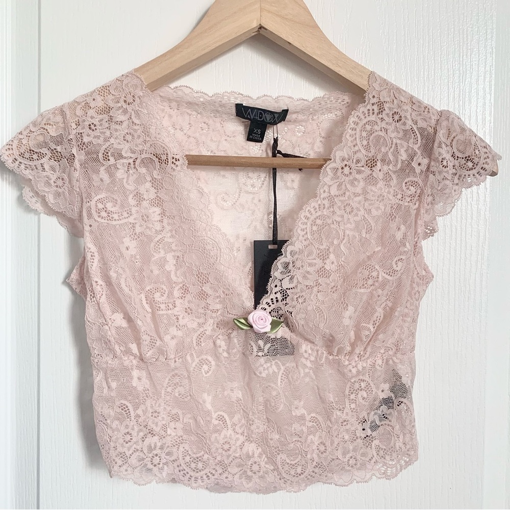 Dolls Kill Widow baby pink lace top NWT
